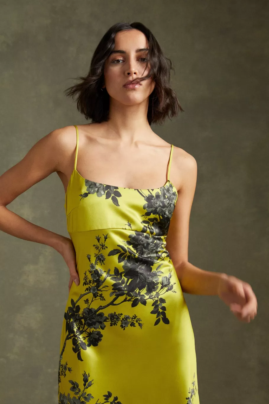 Oasis Shadow Floral Empire Seam Strappy Satin Slip Dress Chartreuse Store