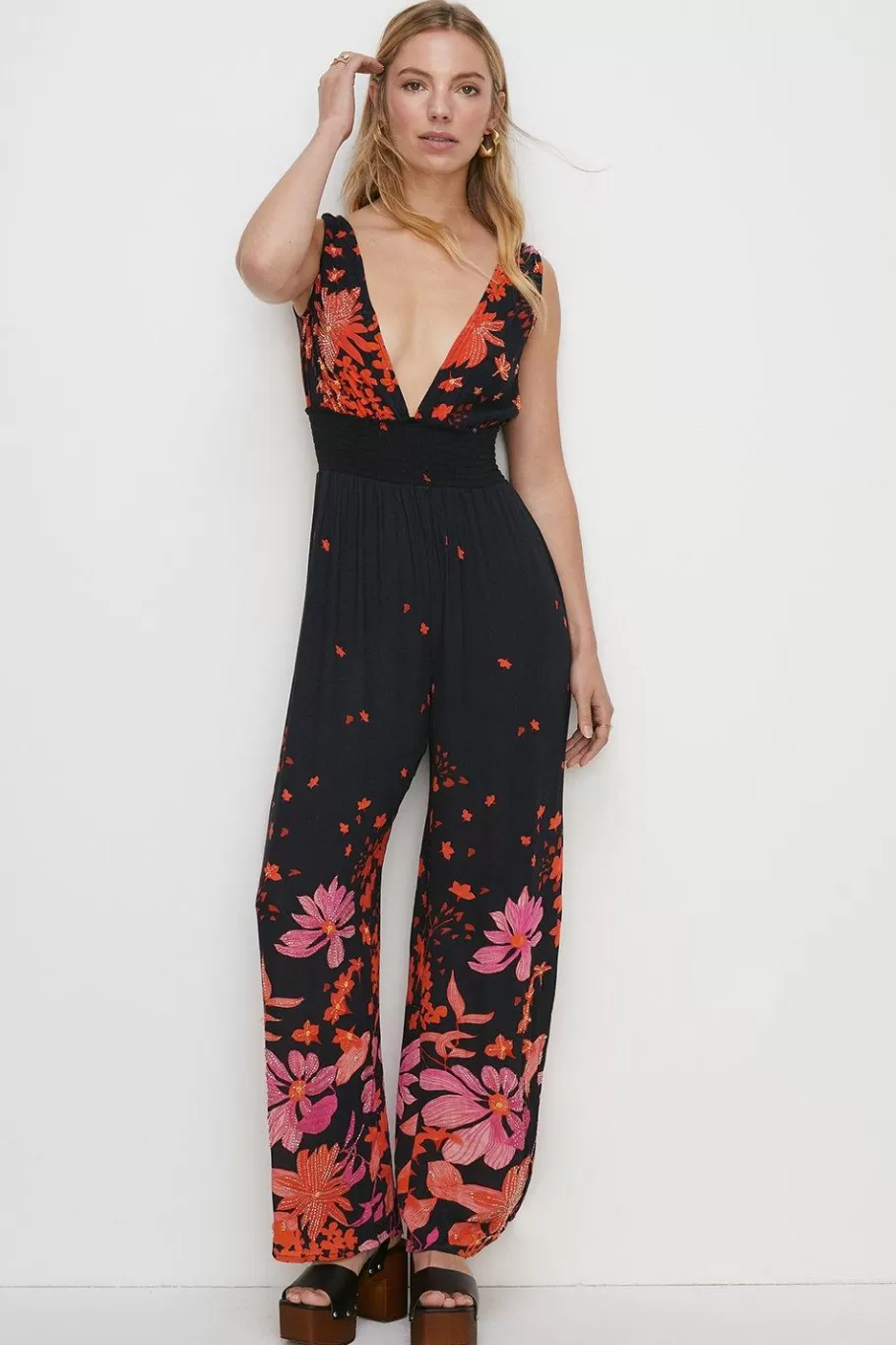 Oasis Sheena Floral Beaded Tie Back Jumpsuit Black Cheap