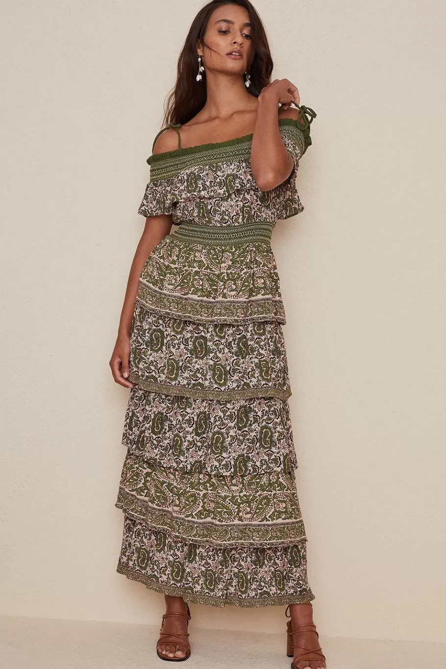 Oasis Shirred Cold Shoulder Paisley Tiered Midi Dress Khaki Sale