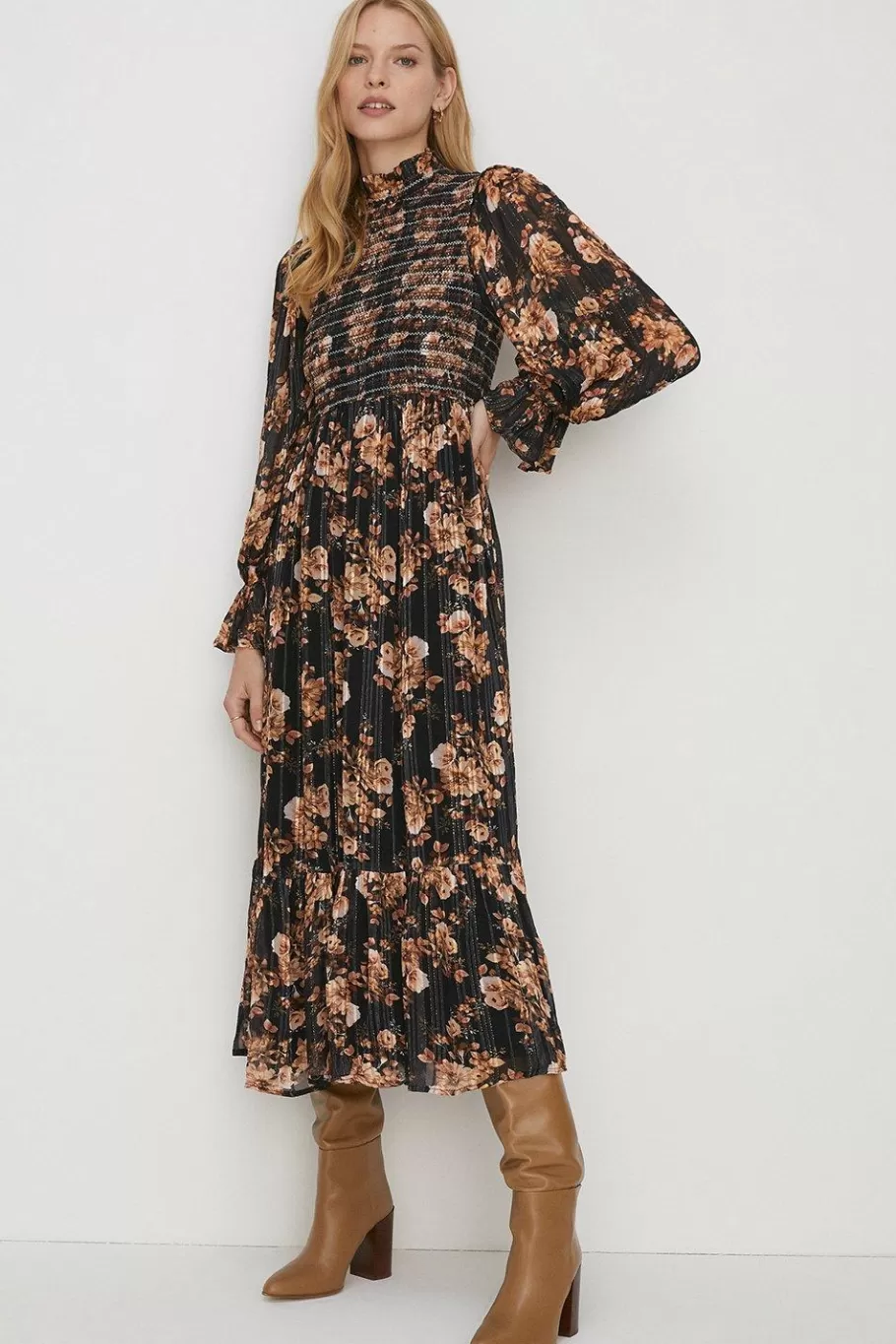 Oasis Shirred Shimmer Floral Midi Dress Black Cheap