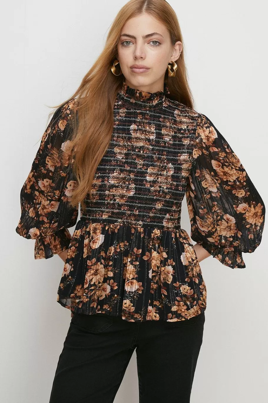 Oasis Shirred Shimmer Floral Top Black Store