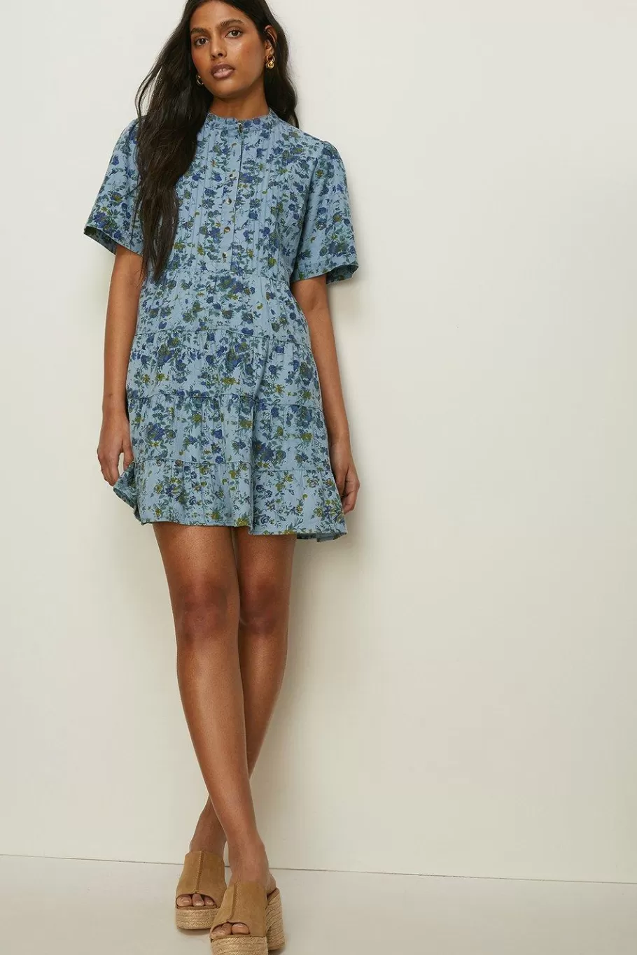 Oasis Short Sleeved Pintuck Printed Mini Dress Floral Outlet