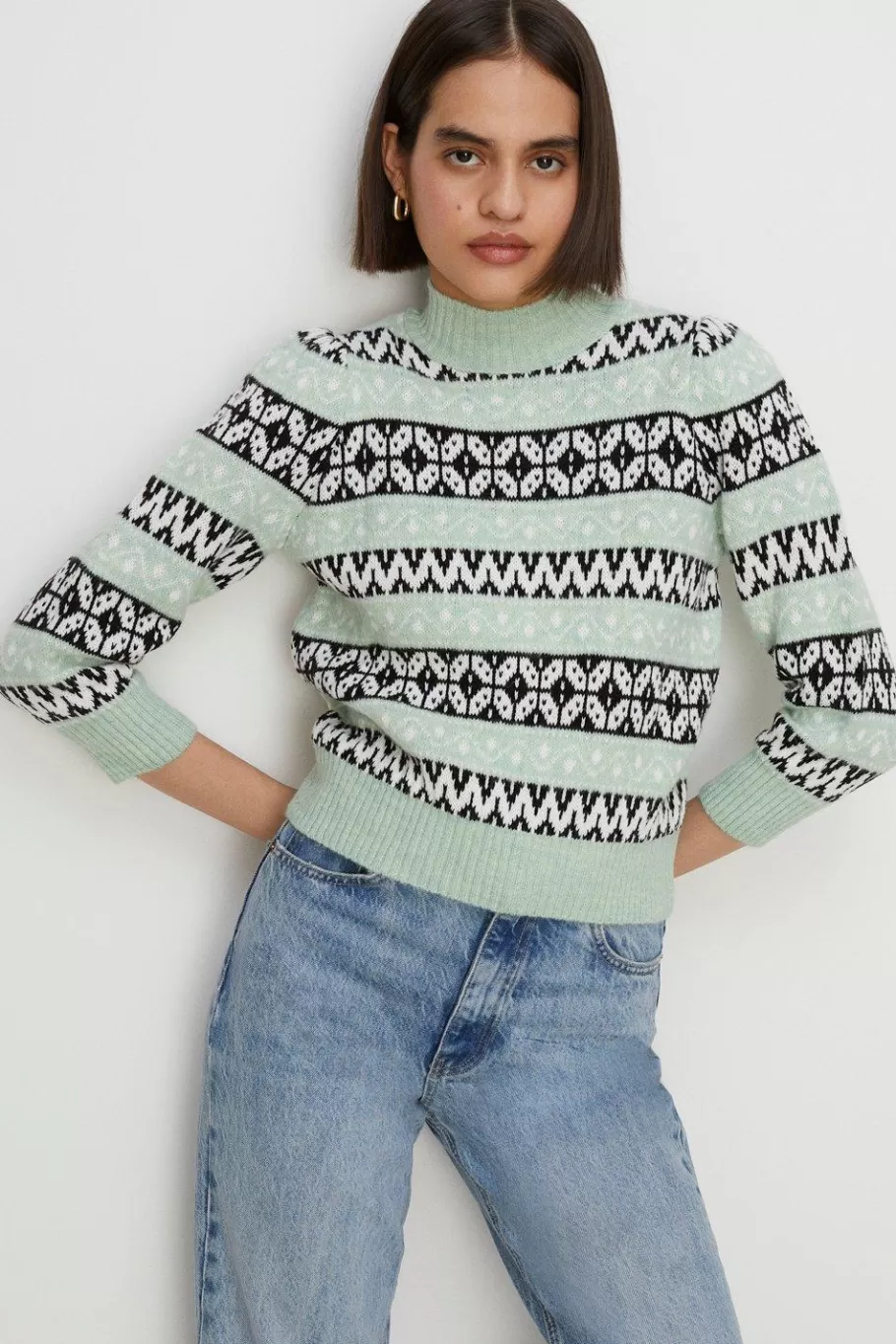 Oasis Shrunken Fairisle Knitted Jumper Pink Fashion