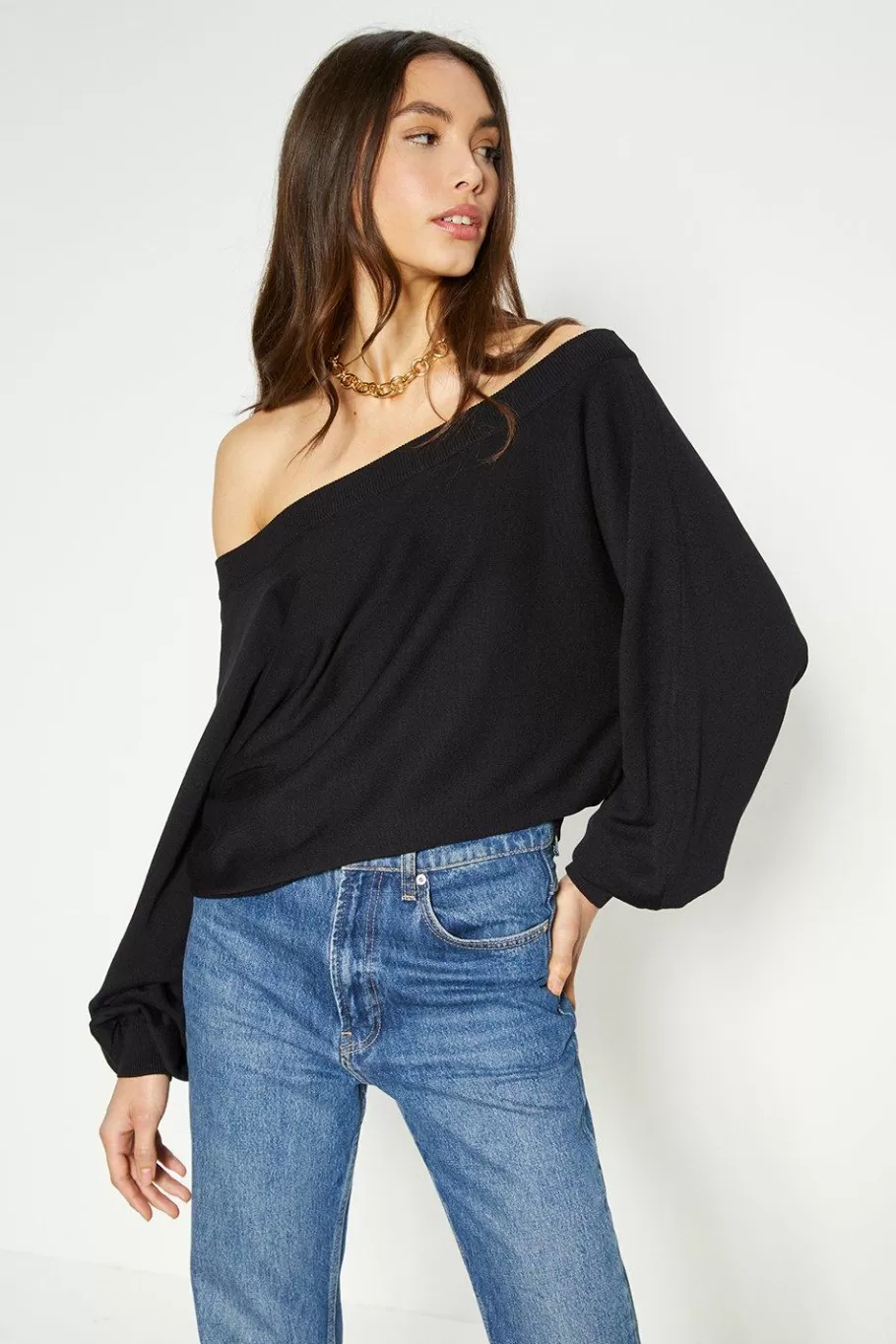 Oasis Slash Neck Slouchy Jumper Black Hot