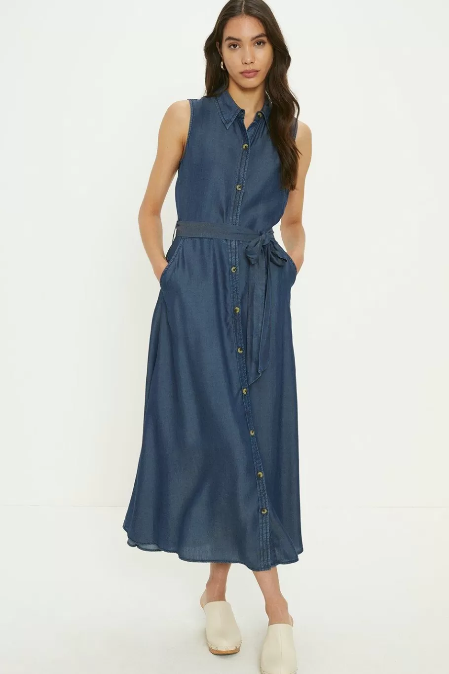 Oasis Sleeveless Midi Shirt Dress Dark Wash Cheap