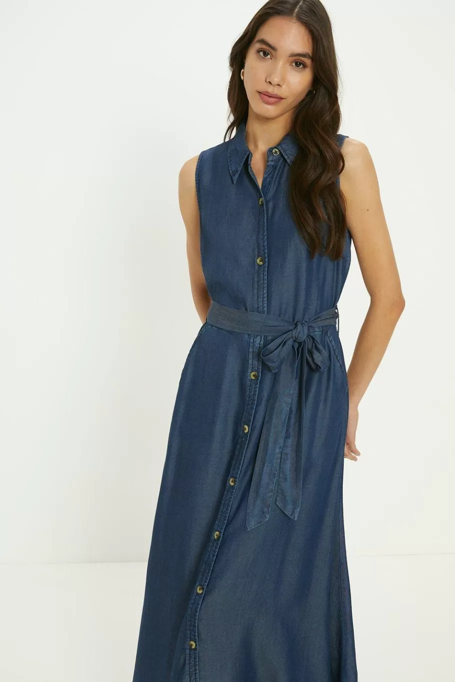 Oasis Sleeveless Midi Shirt Dress Dark Wash Cheap