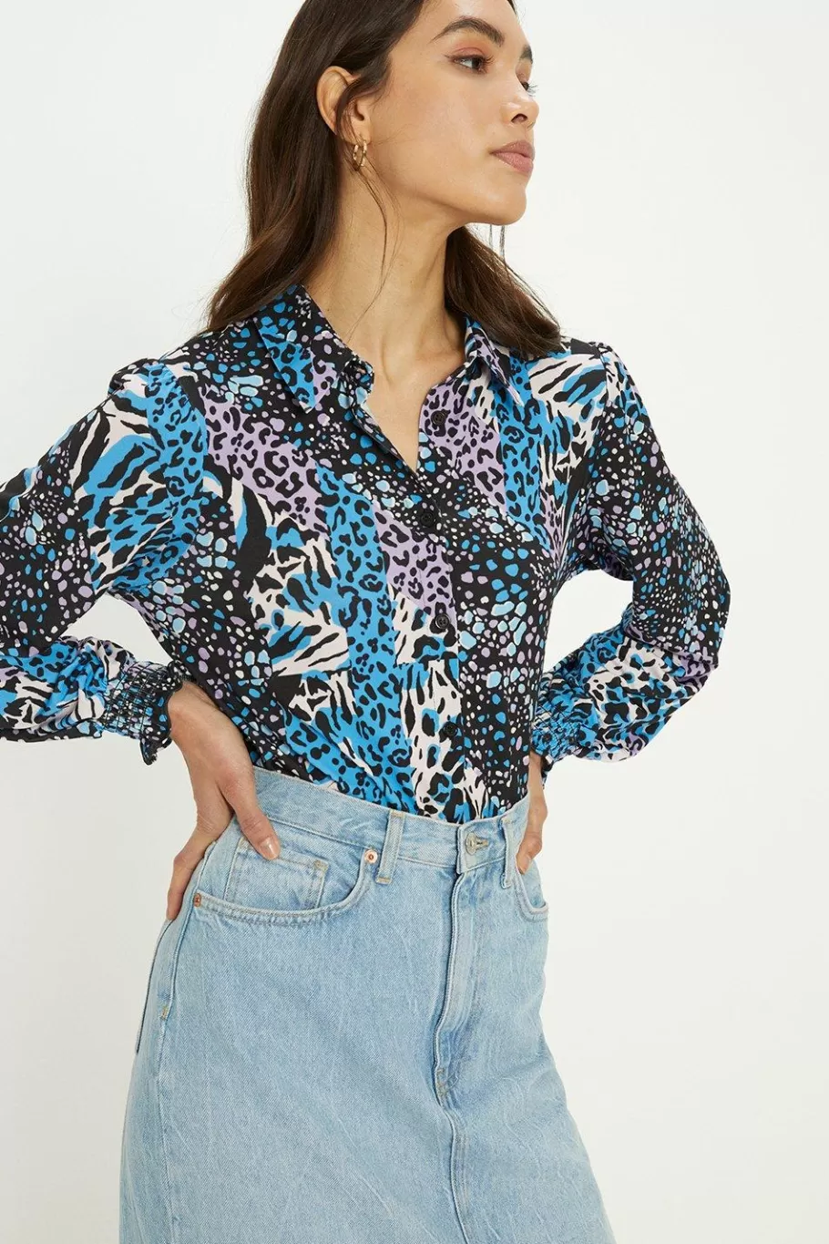 Oasis Slinky Animal Floral Long Sleeve Shirred Cuff Shirt Blue Outlet