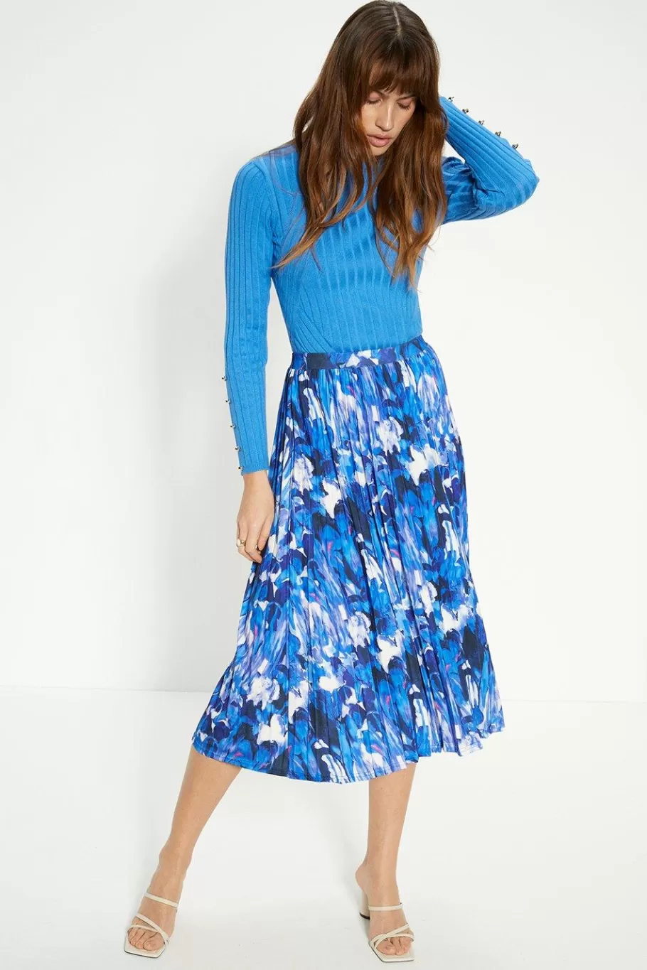 Oasis Slinky Jersey Abstract Pleated Midi Skirt Blue Outlet