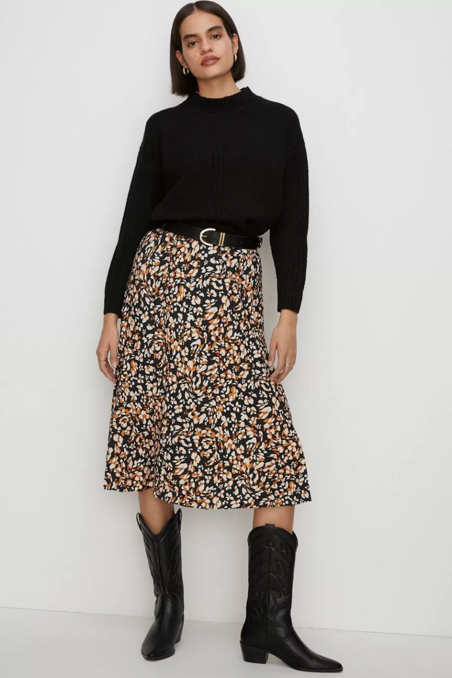 Oasis Slinky Jersey Animal Pleated Midi Skirt Black Discount