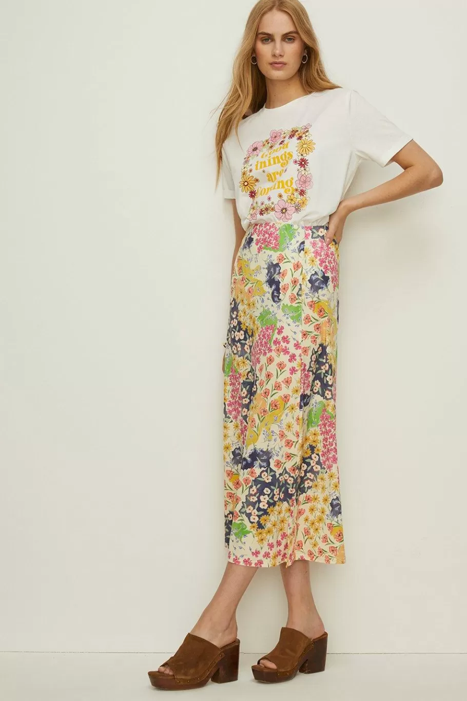 Oasis Slinky Jersey Floral Midi Skirt Multi Cheap