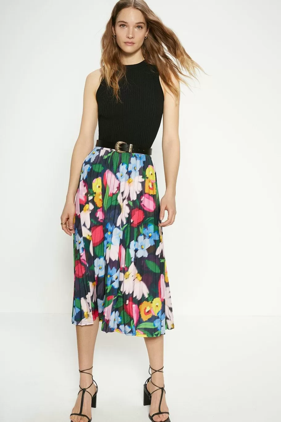 Oasis Slinky Jersey Floral Pleated Midi Skirt Black Shop