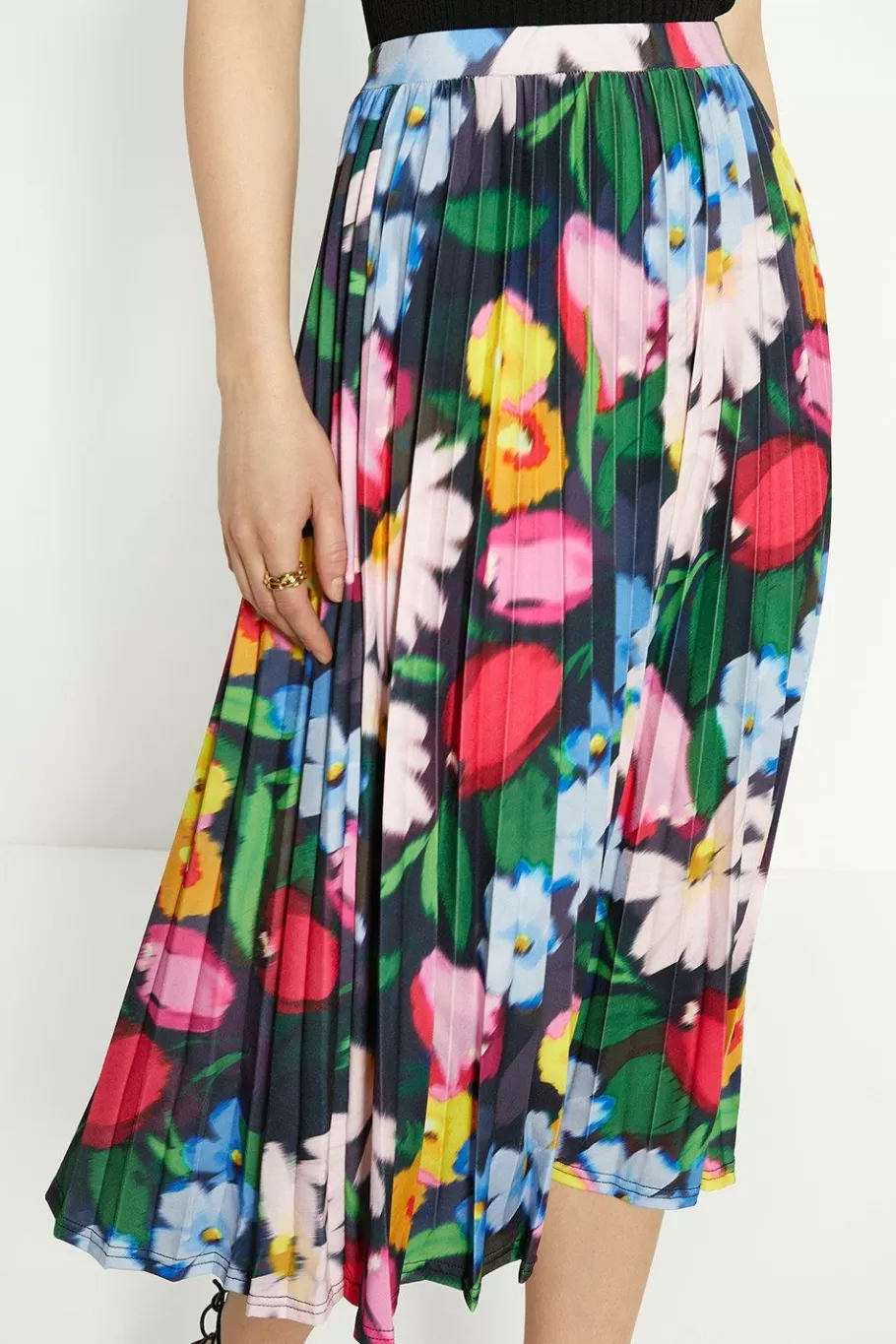 Oasis Slinky Jersey Floral Pleated Midi Skirt Black Shop