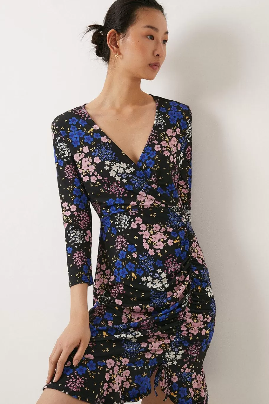 Oasis Slinky Jersey Floral Printed Wrap Ruched Mini Dress Multi Flash Sale