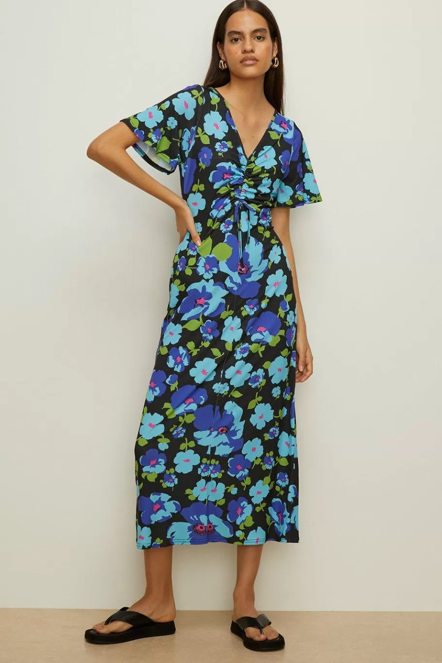 Oasis Slinky Jersey Floral Ruched Front Midi Dress Blue Best