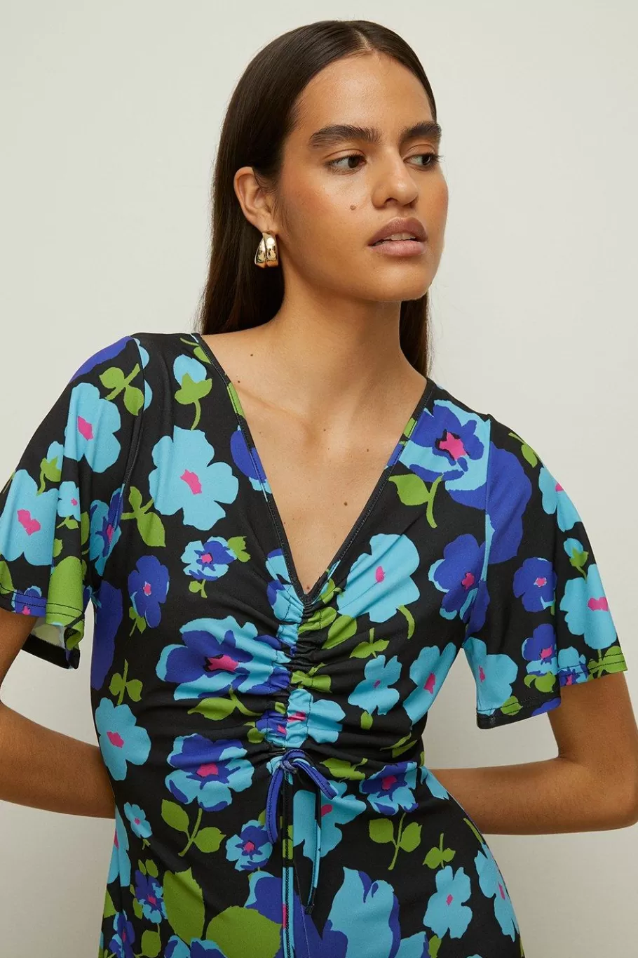 Oasis Slinky Jersey Floral Ruched Front Midi Dress Blue Best