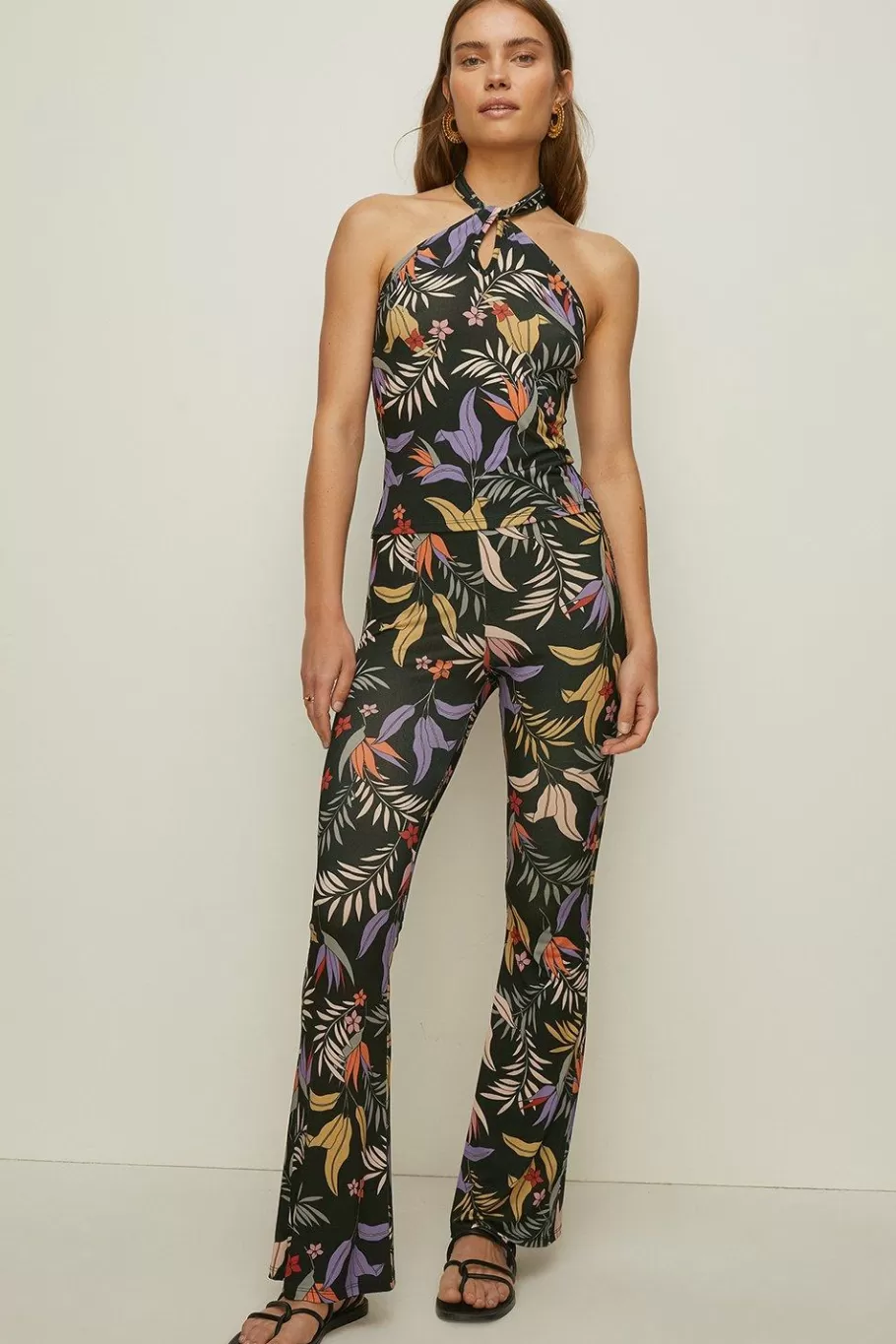 Oasis Slinky Jersey Palm Print Flare Trouser Black Online