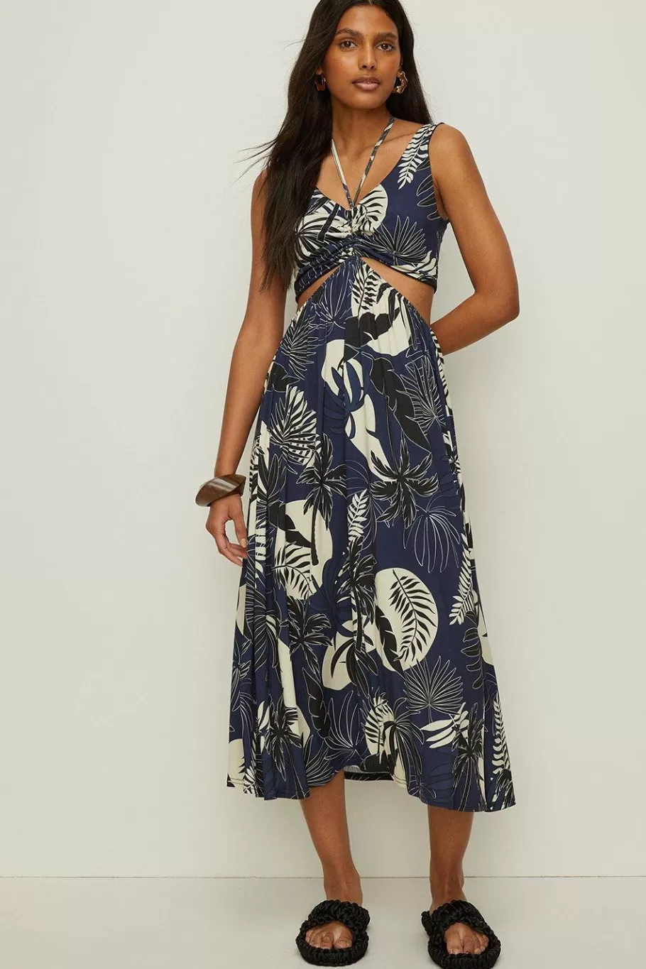 Oasis Slinky Jersey Palm Print Keyhole Cut Out Midi Dress Blue Best Sale