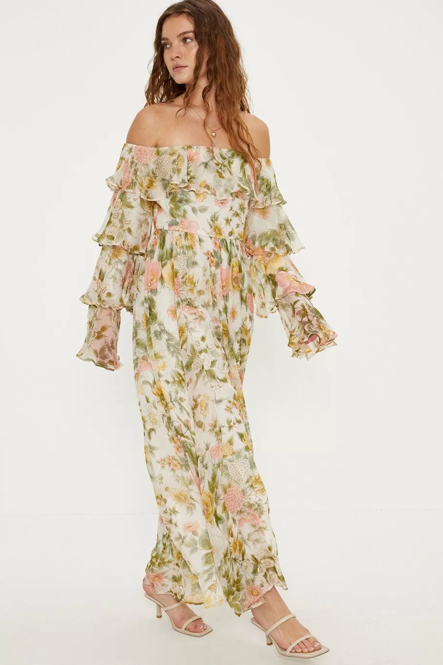 Oasis Soft Floral Chiffon Ruffle Maxi Dress Ivory Best