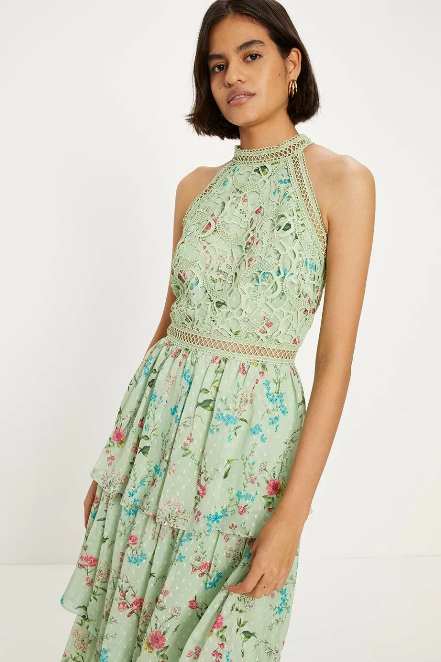 Oasis Soft Floral Lace Halter Neck Tiered Midi Dress Sage Cheap