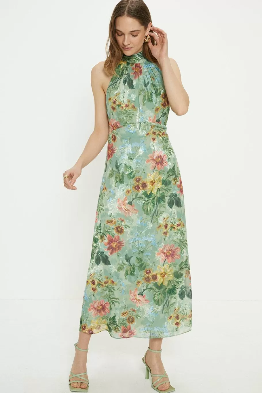 Oasis Soft Floral Satin Burnout Halter Midi Dress Sage Best Sale