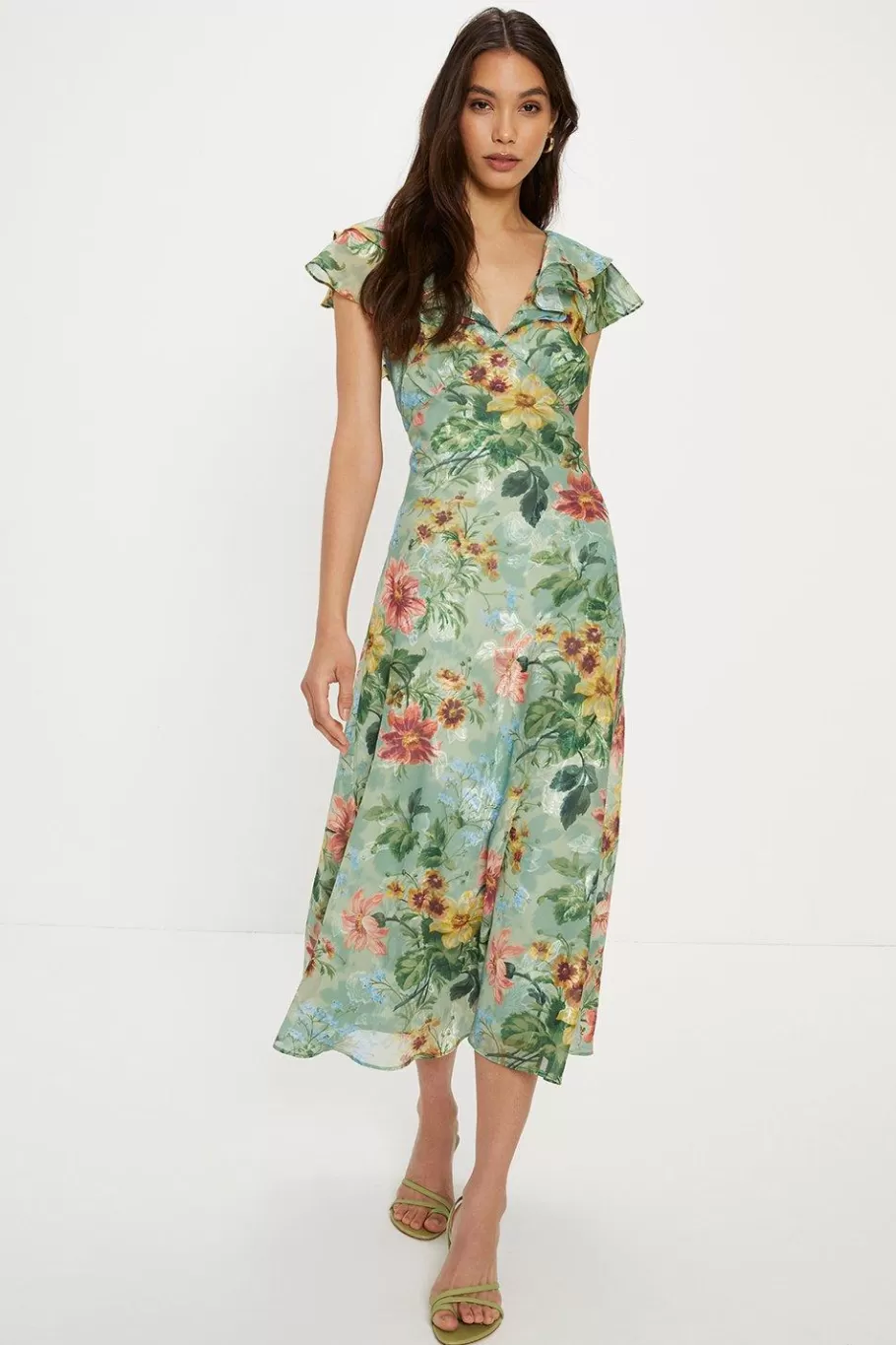 Oasis Soft Floral Satin Burnout Ruffle Midi Dress Sage Cheap