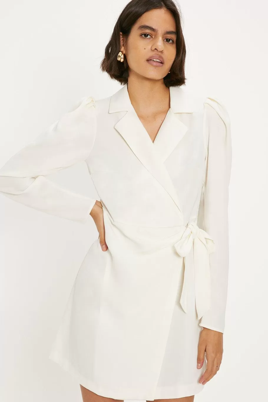 Oasis Soft Tailored Puff Sleeve Wrap Dress Ivory Sale