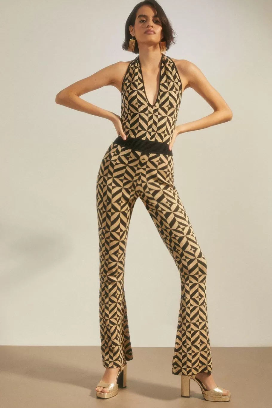 Oasis Sparkle Geo Jacquard Knitted Halter Jumpsuit Gold Shop