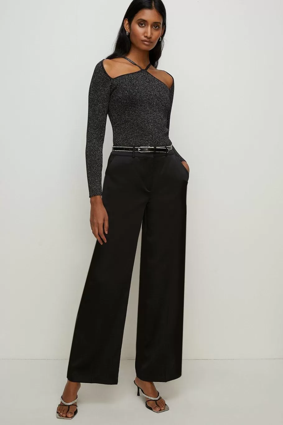 Oasis Sparkle Strappy Yoke Knit Top Black Store