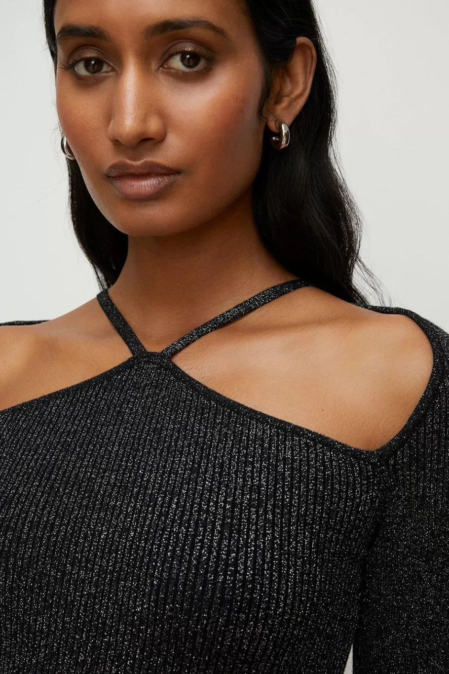 Oasis Sparkle Strappy Yoke Knit Top Black Store