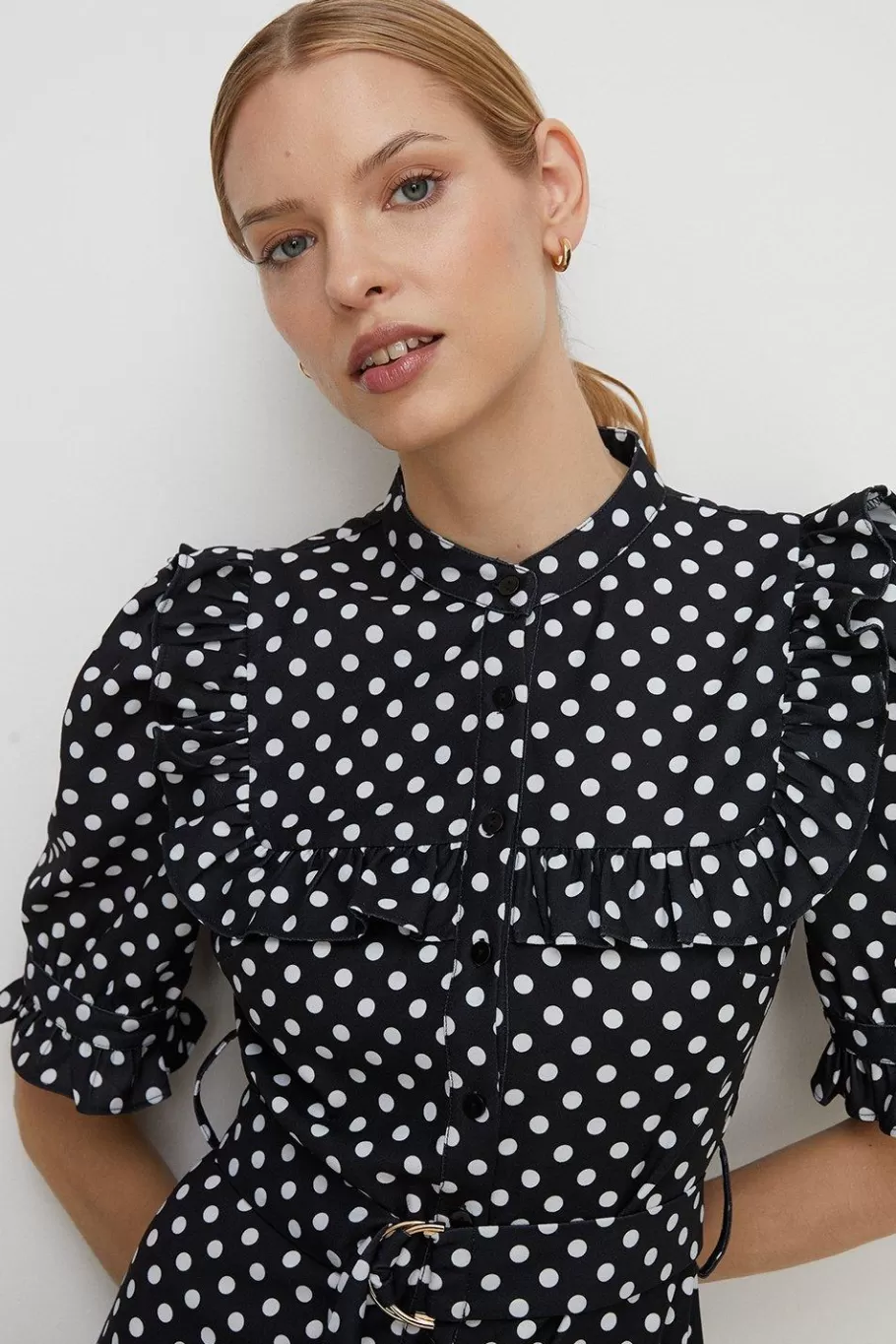 Oasis Spot Print Frill Crepe Skater Dress Black Shop