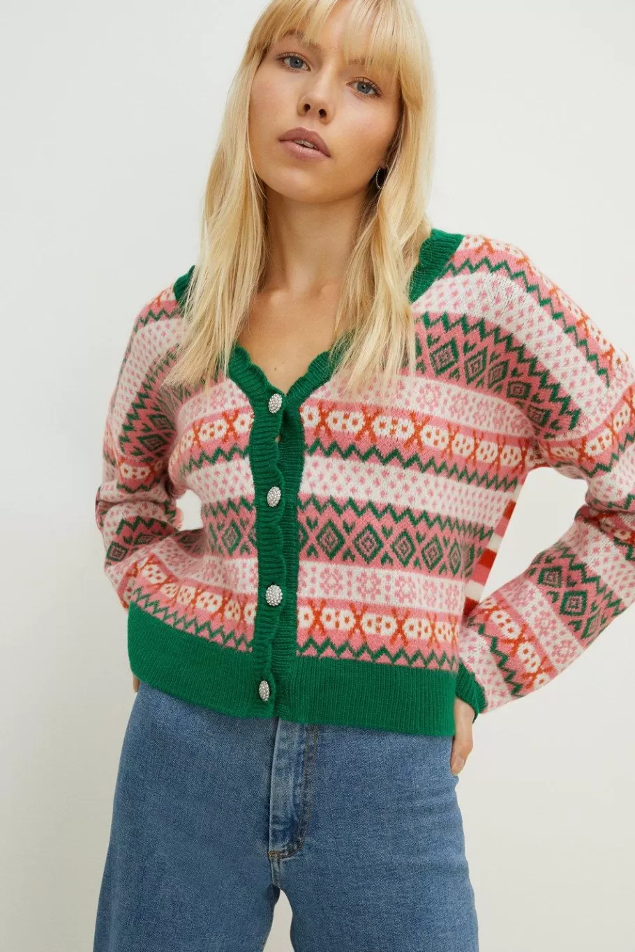 Oasis Statement Button Fairisle Cardigan Multi Outlet