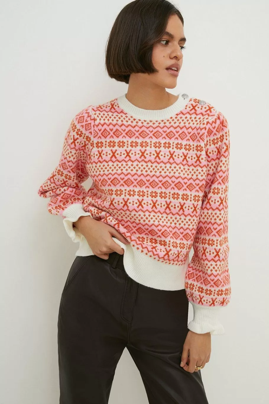 Oasis Statement Button Fairisle Jumper Pink Best Sale