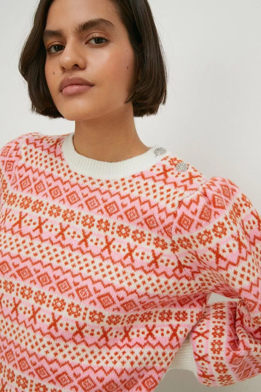 Oasis Statement Button Fairisle Jumper Pink Best Sale