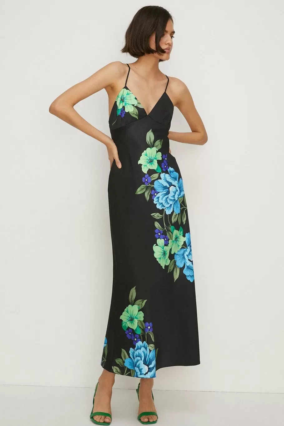 Oasis Statement Floral Satin Bias Midi Dress Black Outlet