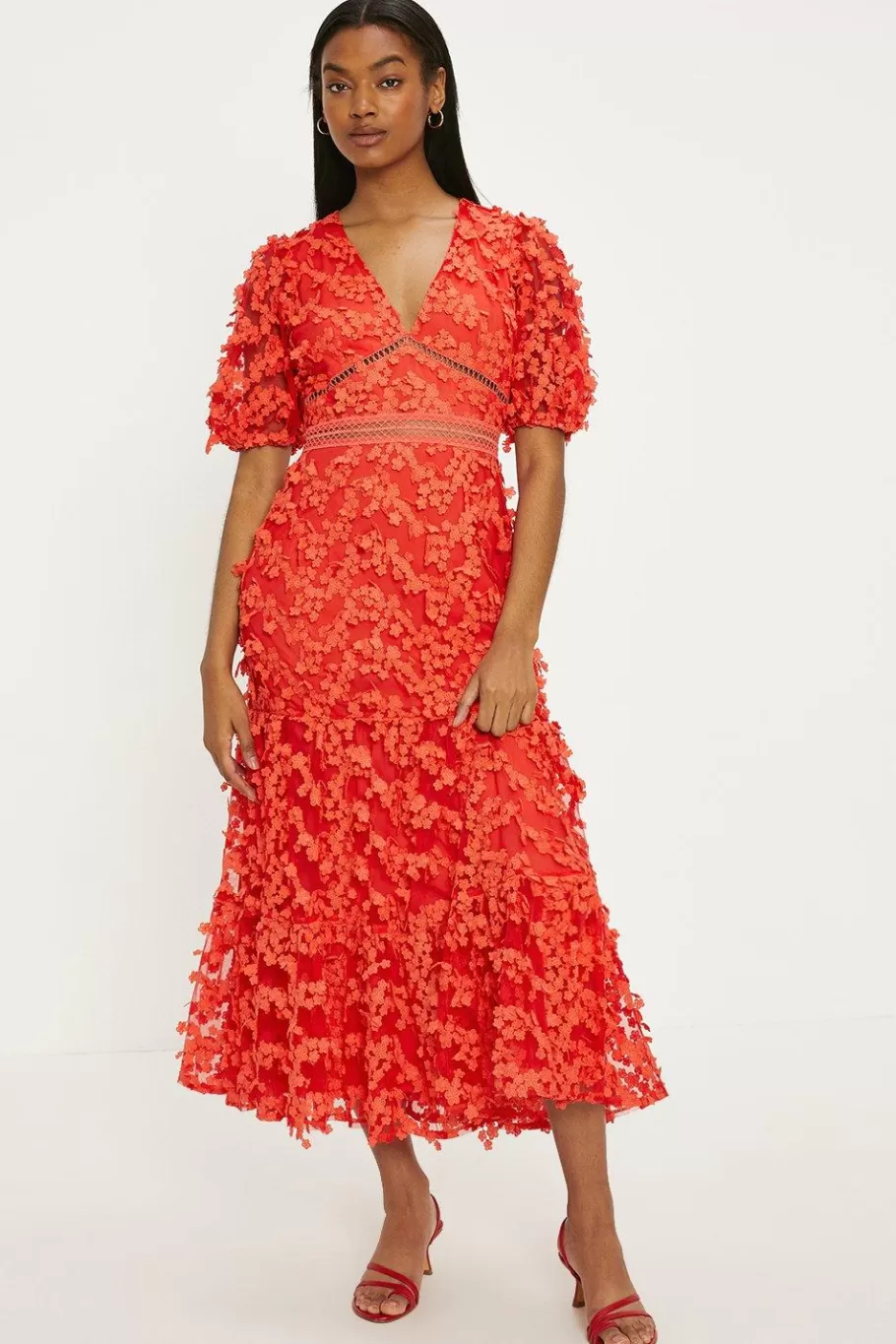 Oasis Statement Flower Embroidered V Neck Midi Dress Red Orange Best