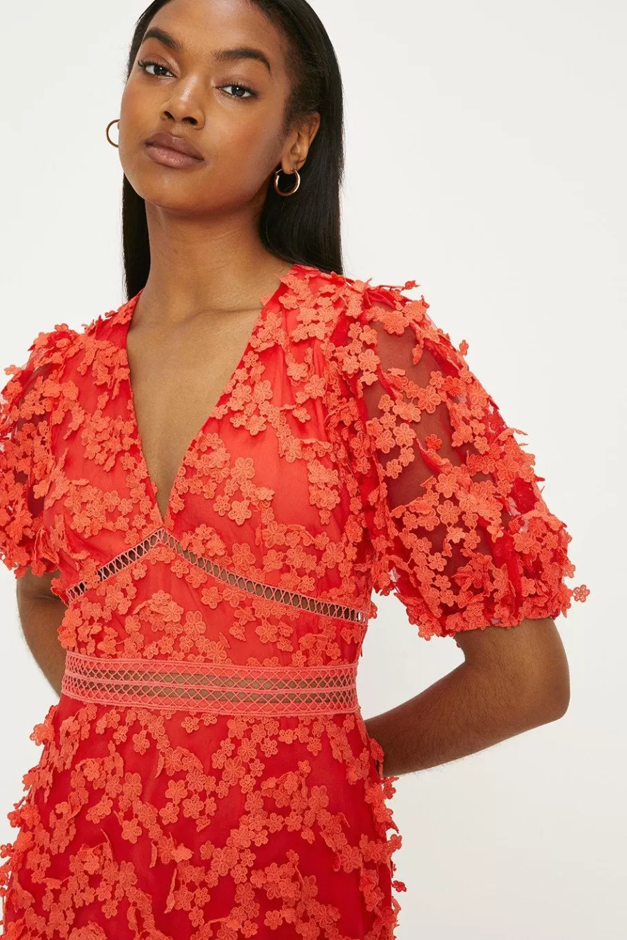 Oasis Statement Flower Embroidered V Neck Midi Dress Red Orange Best