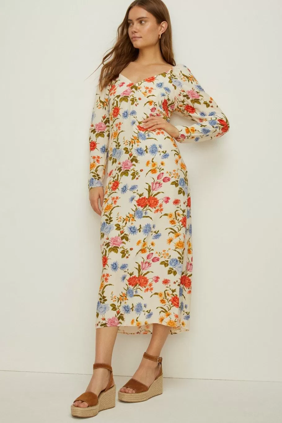 Oasis Stem Floral Volume Sleeve Midi Dress Ivory Cheap