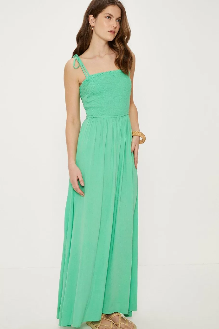 Oasis Strappy Crinkle Shirred Maxi Dress Green Outlet