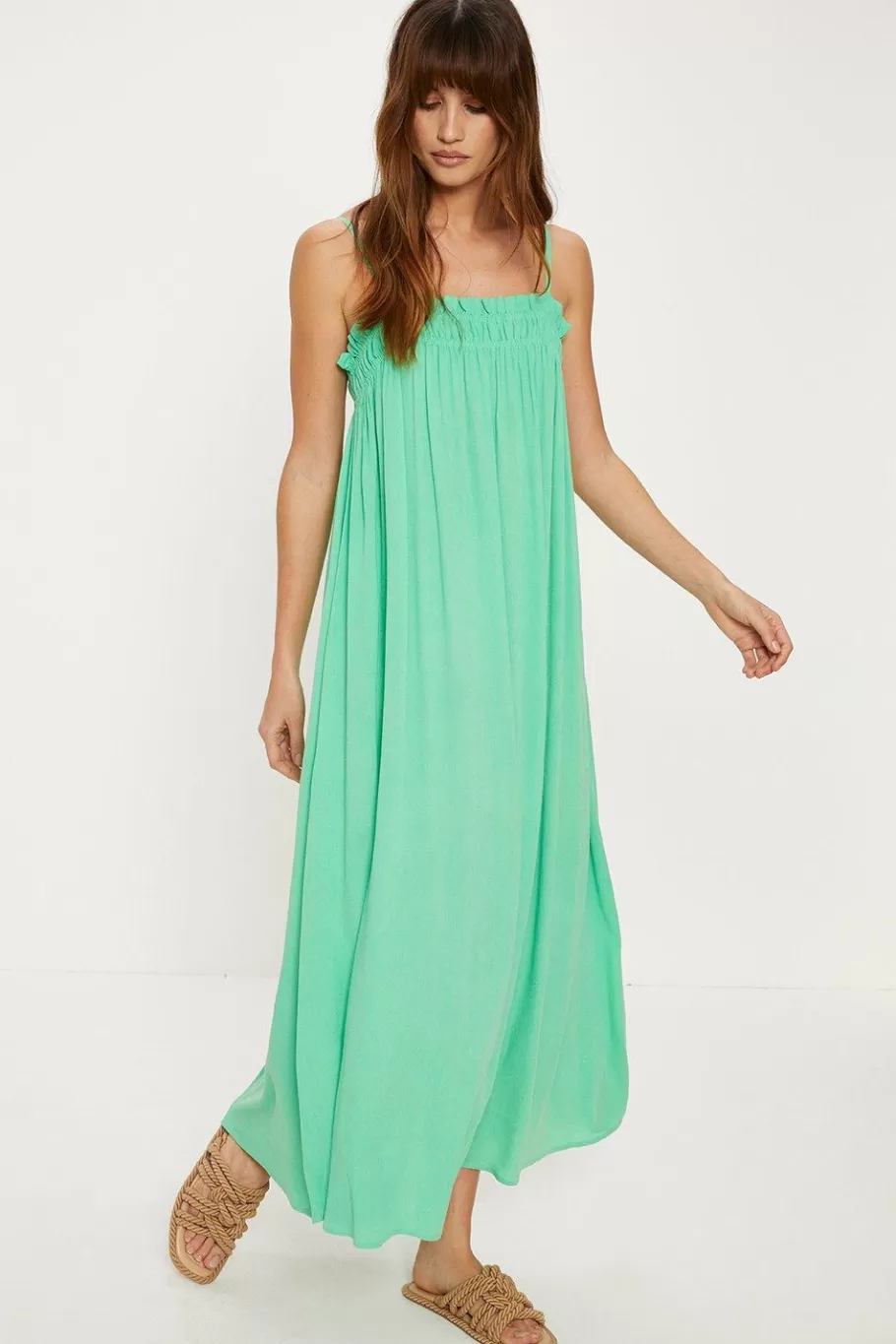 Oasis Strappy Frill Crinkle Midi Dress Green Cheap