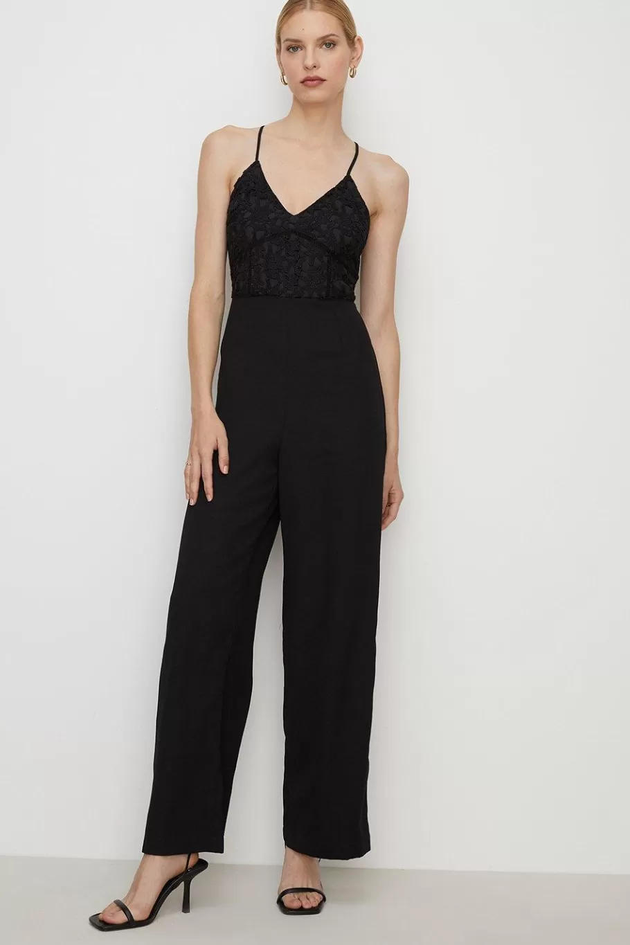 Oasis Strappy Lace Mix Crepe Wide Leg Jumpsuit Black Best