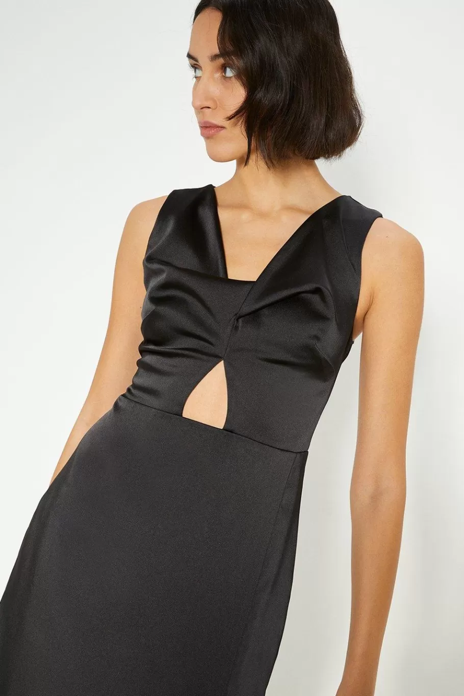 Oasis Stretch Satin Twist Detail Midi Dress Black New