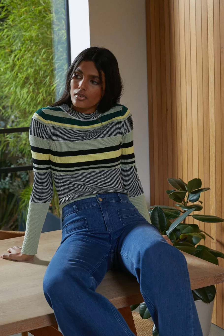 Oasis Stripe Crew Ribbed Knitted Jumper Navy Outlet