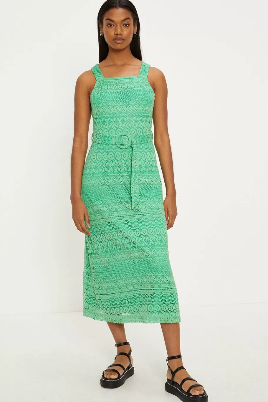 Oasis Stripe Lace Wide Strap Belted Midi Dress Green Fashion