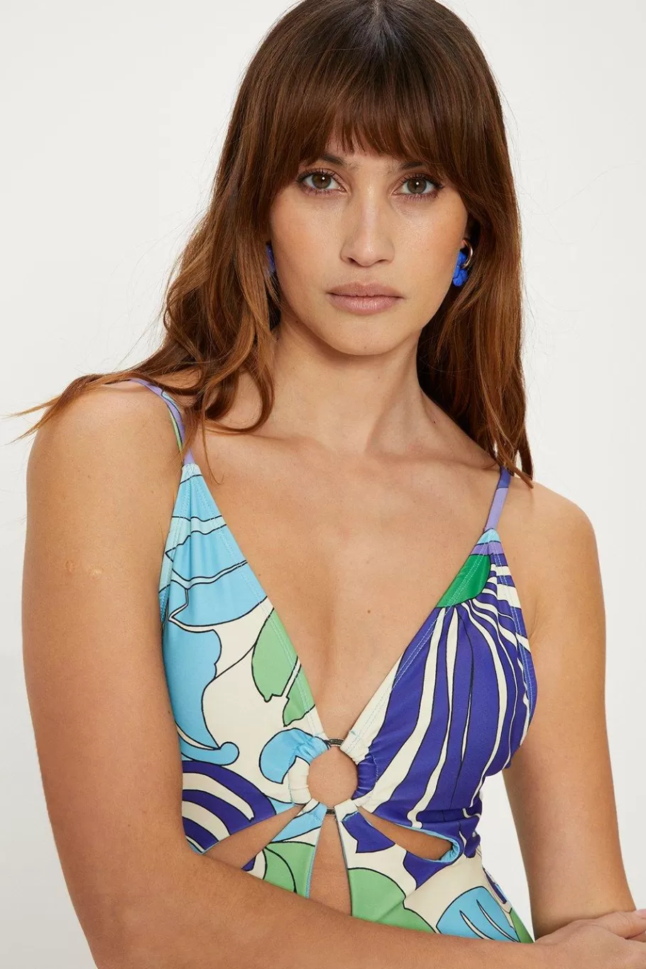 Oasis Swirl Print Cut Out Strappy Swimsuit Blue Outlet