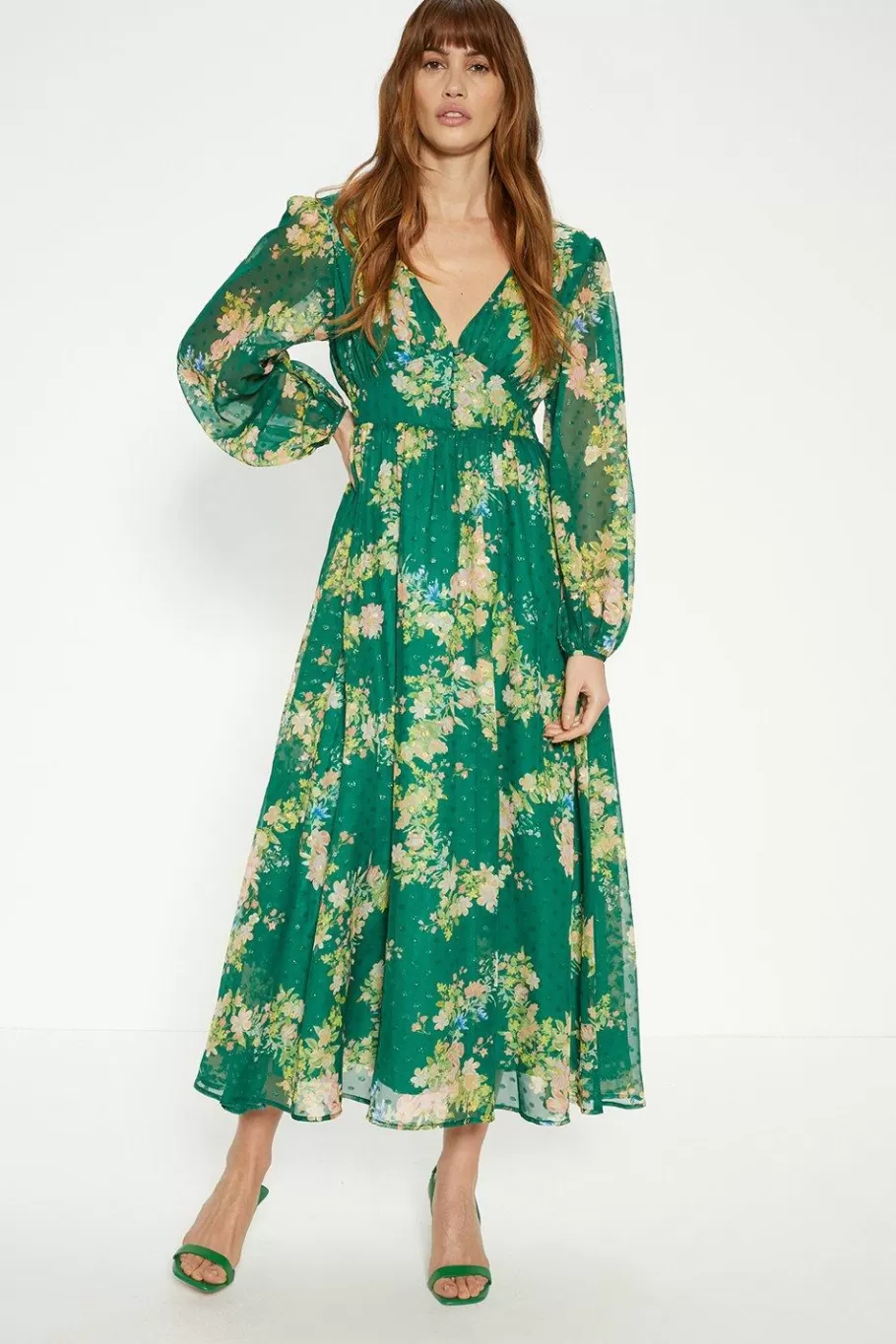 Oasis Swirly Floral Metallic Button Maxi Dress Green Sale