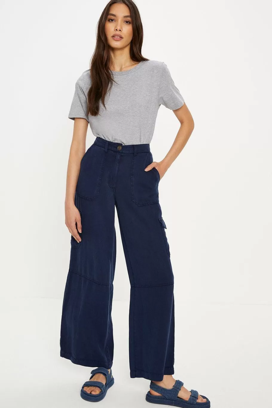 Oasis Tencel Utility Wide Leg Trouser Navy Cheap