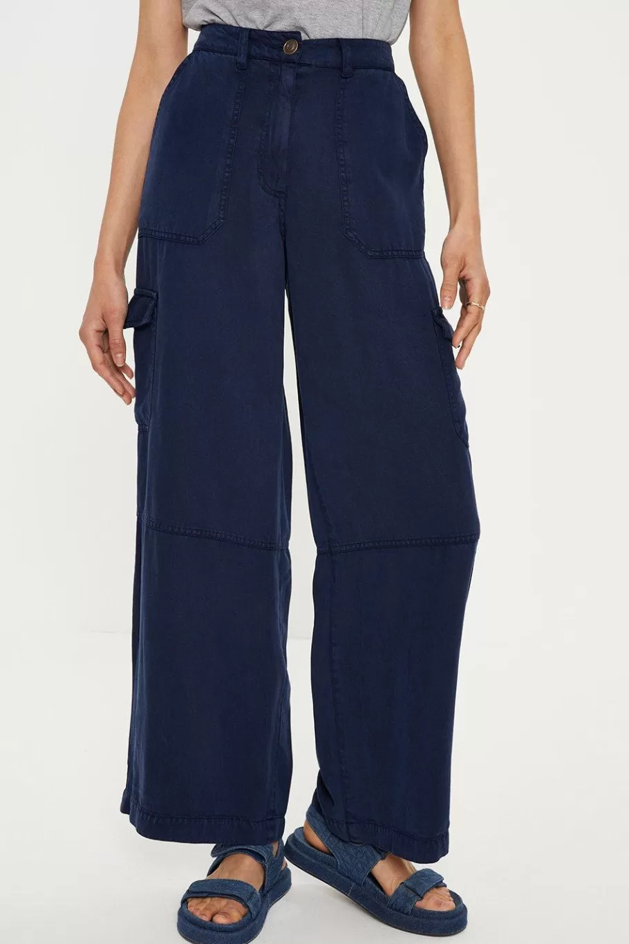 Oasis Tencel Utility Wide Leg Trouser Navy Cheap