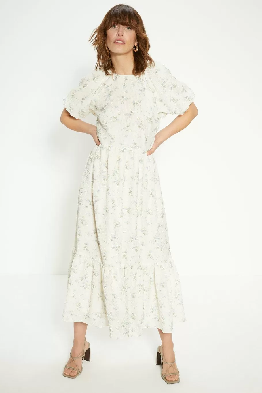 Oasis Textured Floral Bow Back Midi Dress Ivory Discount