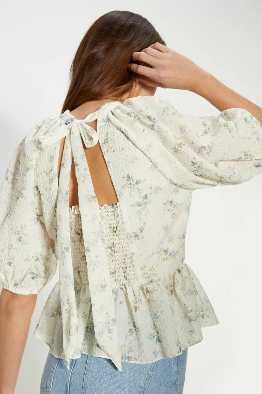 Oasis Textured Floral Puff Sleeve Top Ivory Flash Sale