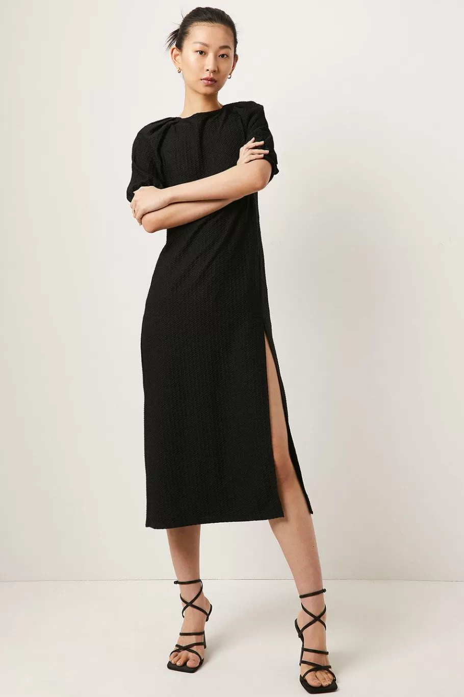 Oasis Textured Puff Sleeve Midi Dress Black Clearance